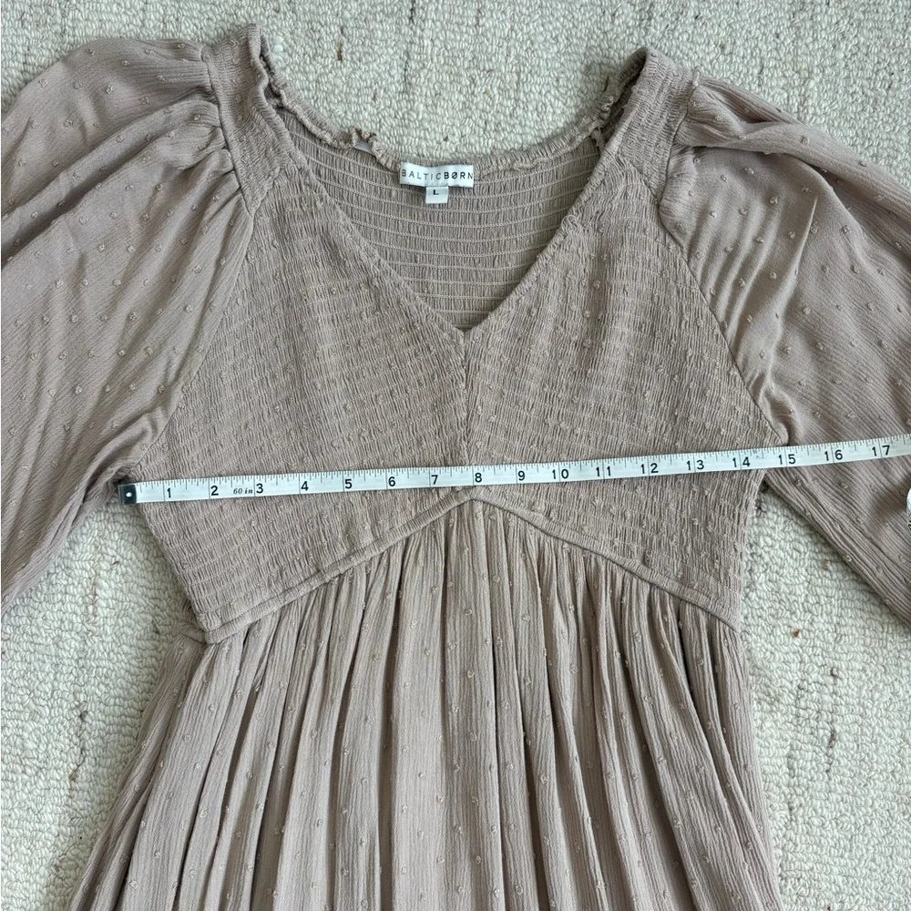 Baltic Born Lainey Smocked Swiss Dot Midi Dress Taupe Boho Long Sleeve Large - Picture 10 of 14